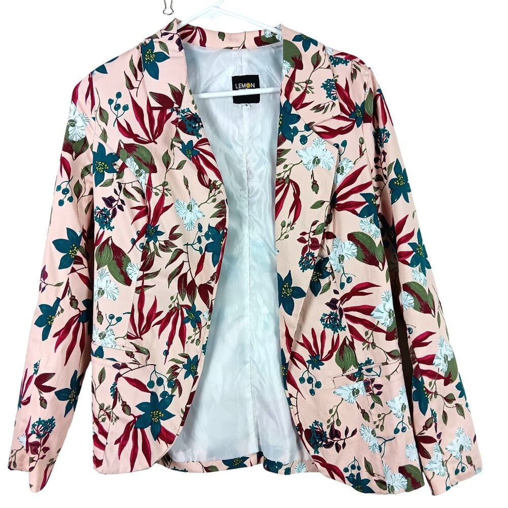 Open Front Floral Blazer Jacket By Lemon Tree Womens Size S Pink Vibrant Pattern